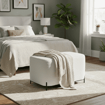 32'' Modern Faux Shearling Ottoman Bench with Metal Legs, Upholstered Entryway Bench for Living Room, Bedroom, White