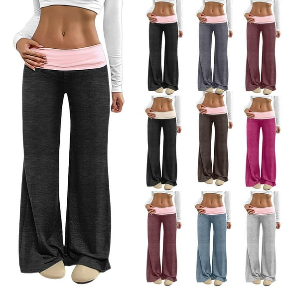 Teyfeniy Black Womens Flare Leggings Fold Over Yoga Pants Color Block Elastic Waist Solid Color Wide Leg Pants for Spring Fall Casual Athletic Workout