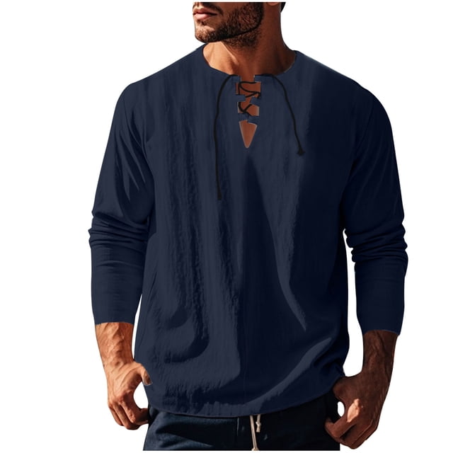 zbxnLI Mens Linen Shirts Drawstring V Neck Long Sleeve Shirt Lightweight Spring Fall Long Sleeve T-Shirts