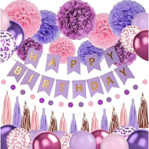 Purple Pink Party Decorations for Women Girls With Happy Birthday Banner, Hanging Swirls, Tissue Paper Pompoms, Circle Dots Garland, Tassel Garland, Purple Balloons