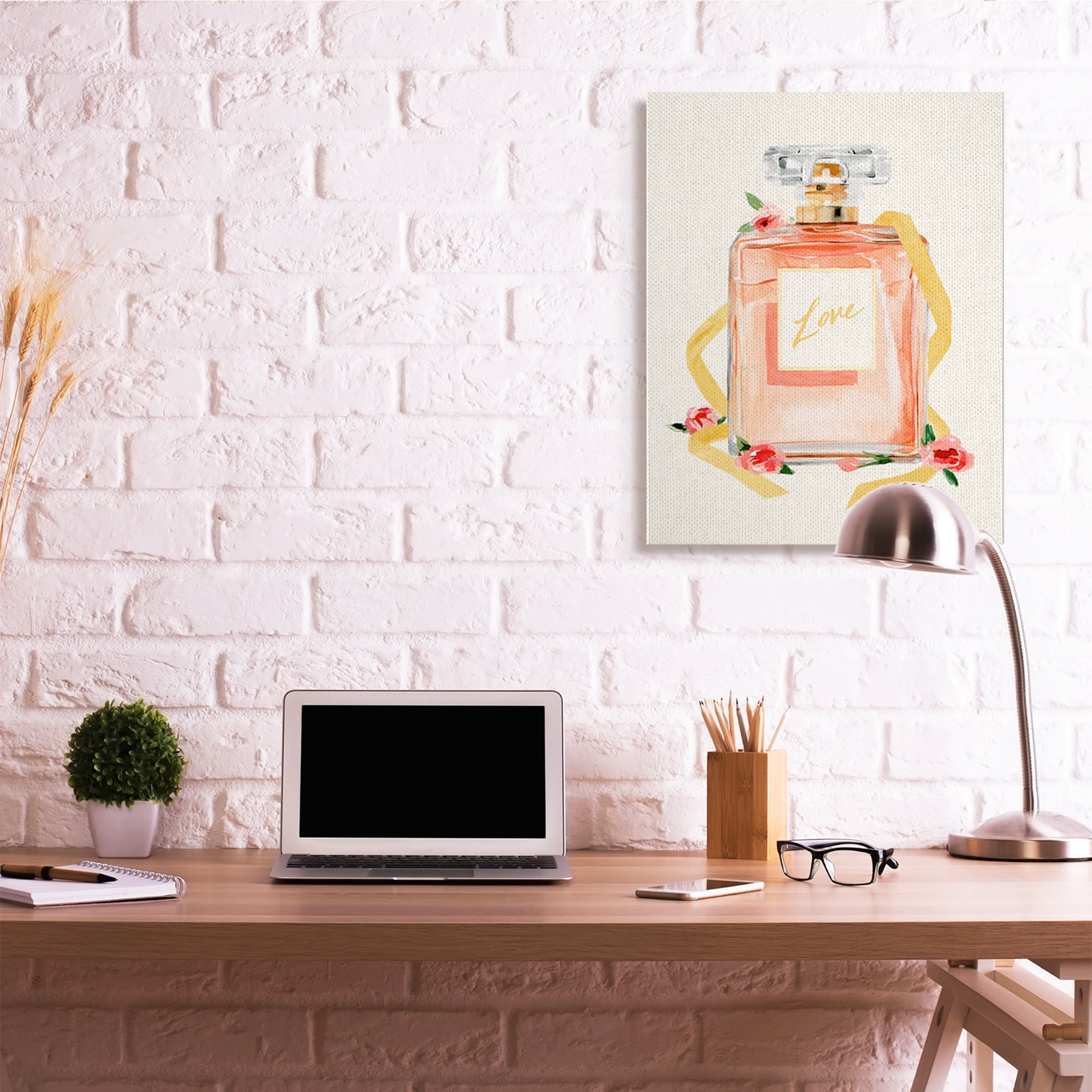 Stupell Industries Love Text over Pink Floral Perfume Bottle Canvas Wall Art, 30 x 40, Design by Annie Warren