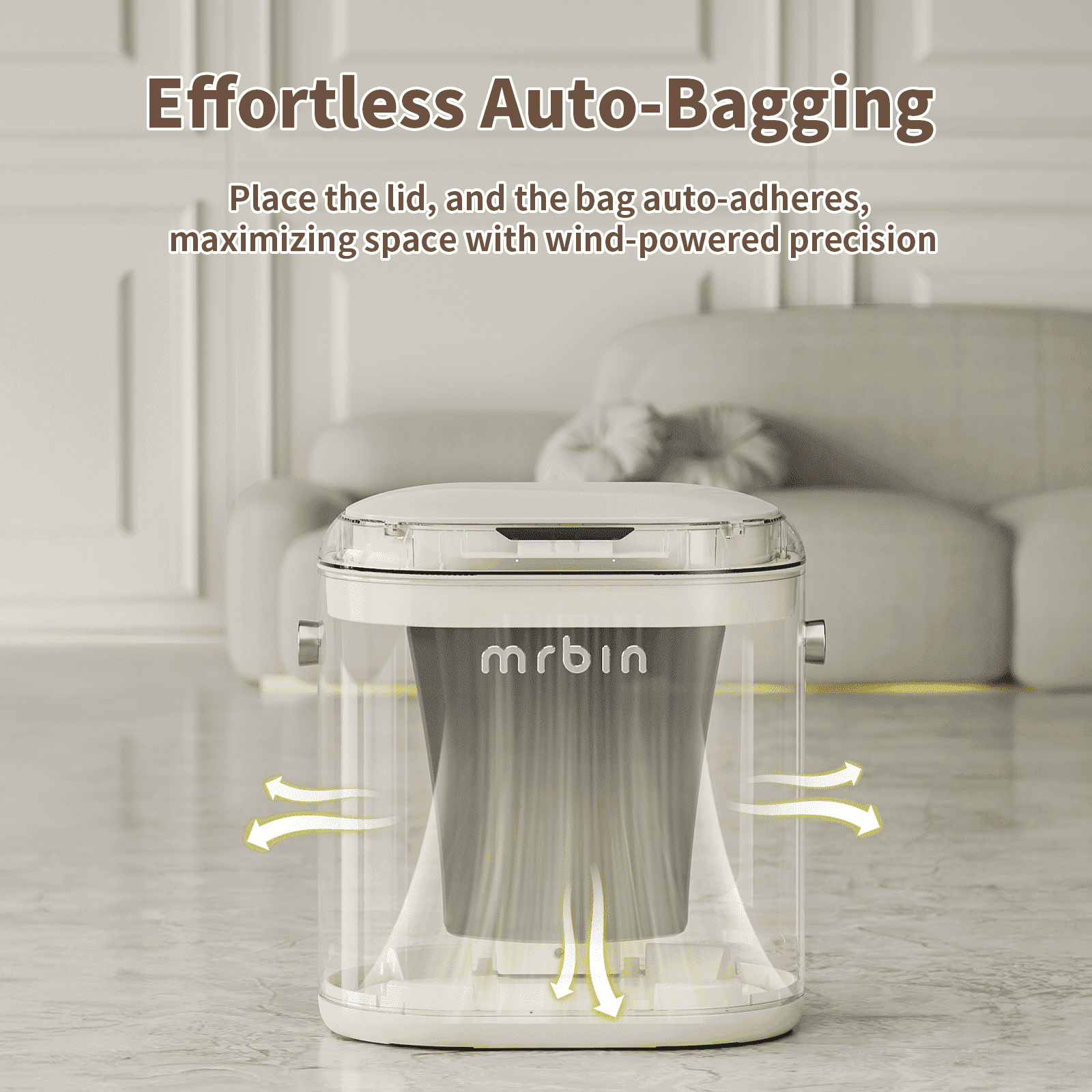 MRBIN Automatic Adsorption Metal Trash Can for Bathroom, Touchless Garbage Bin with Lid, 3.2 Gallon Slim Trash Can for Office and Bedroom, Electric Motion Sensor Waste Basket, Cream White