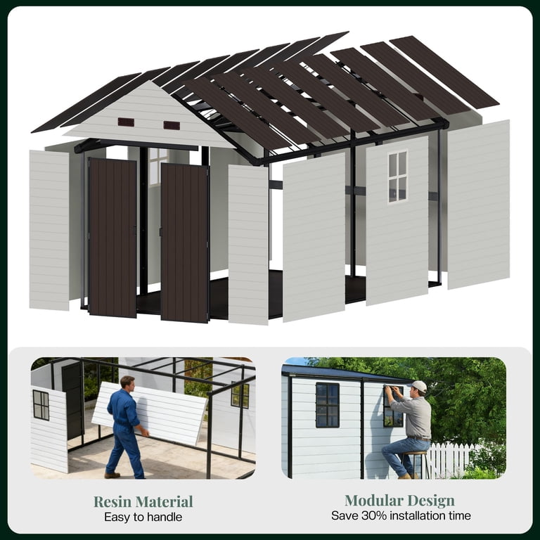 Jocisland 8x13.5x7.5 ft Resin Storage Shed with Floor, Lockable