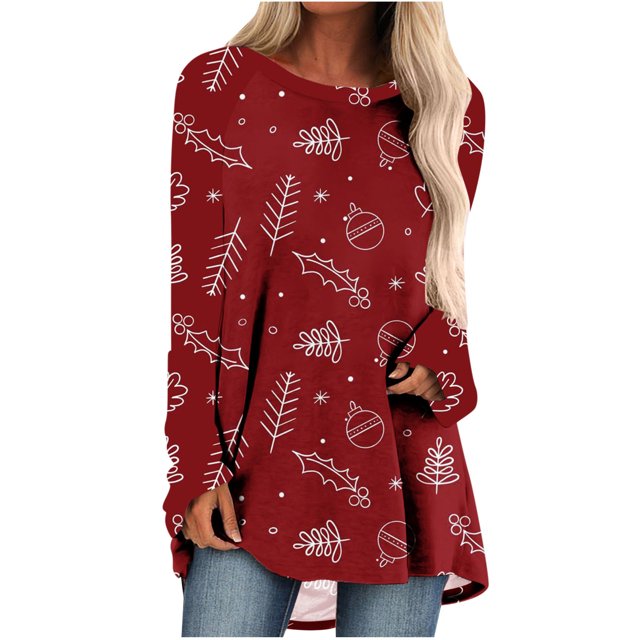 Camiseta de manga larga con cuello redondo y estampado navideño para mujer Pompotops qwe24332