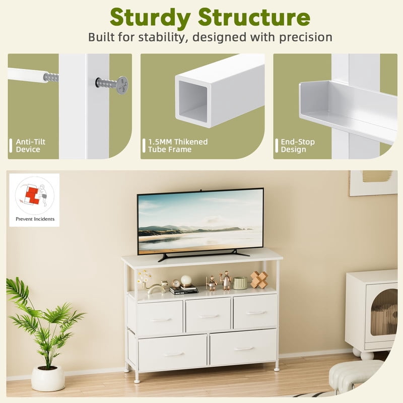Simple Deluxe Adult TV Stand Dresser with 5 Fabric Drawers, Open Shelf and Wood Top for 45-Inch TV, White