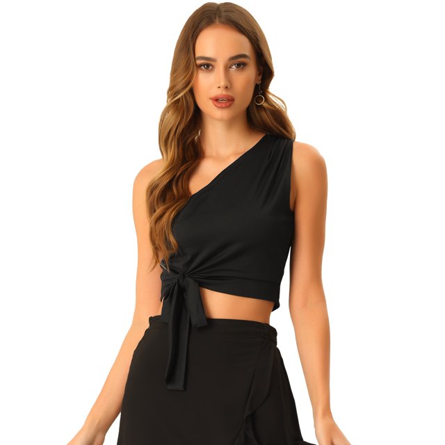 Camiseta sin mangas de un hombro para mujer, sin mangas, con lazo liso Negro M