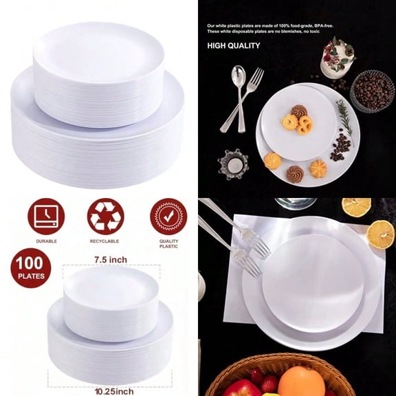 100PCS White Plastic Plates Disposable - Heavyweight 50 White Dinner 50 Dert/Salad Plates for Wedding Party