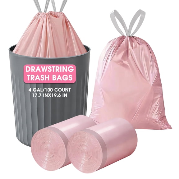 4 Gallon Drawstring Trash Bags, Pink Small Garbage Bags, 100 Count Leakproof Trash Liners for Bathroom, Kitchen, Office