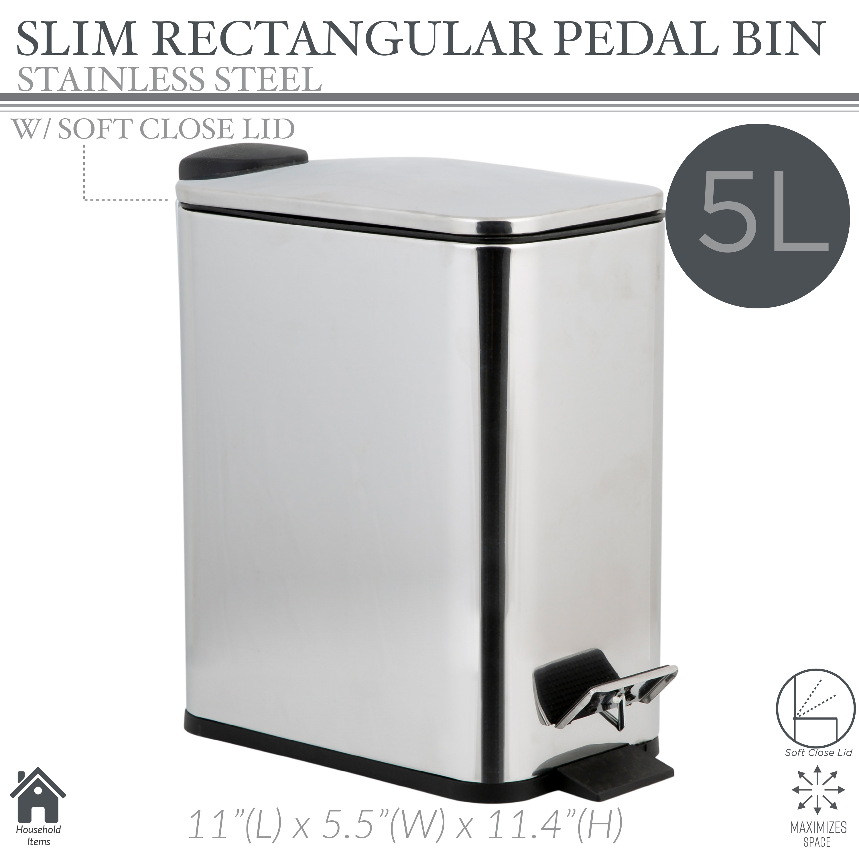 Simplify Slim Rectangular 5 Liter Step Pedal Bathroom Trash Bin, Stainless Steel