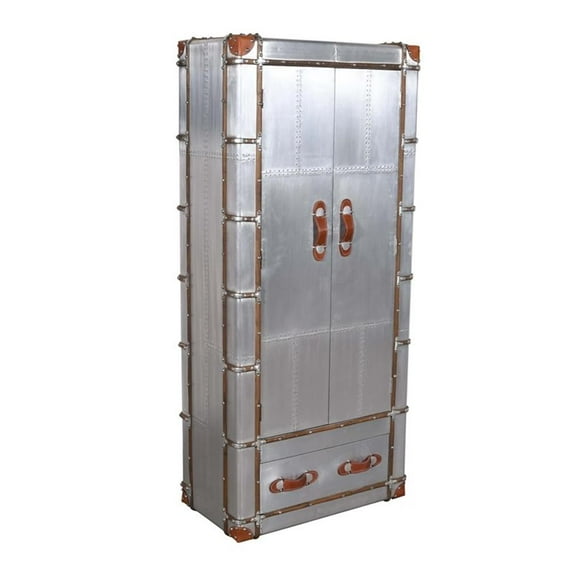 Pemberly Row Tall Cabinet in Silver Aluminum Cladding and Leather Accents