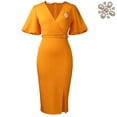 thumbnail image 2 of AURA Womens V Neck Pencil Midi Dress Lantern Short Sleeve High Waist Slit Elegant Work Office Summer Dress with Brooch, 2 of 4