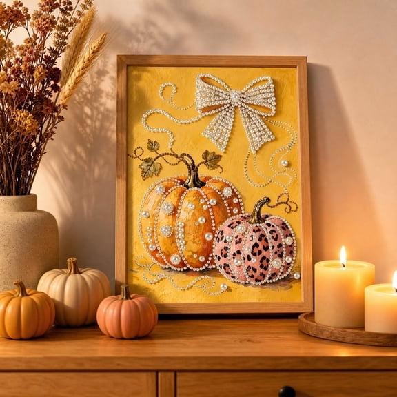 Halloween Pumpkin Pearl Art DIY Kit, Diamond Painting Craft for Adults, Fall Seasonal Bead Art Project, Bright Home Wall Decor Artwork, Creative Autumn Decoration Gift Idea