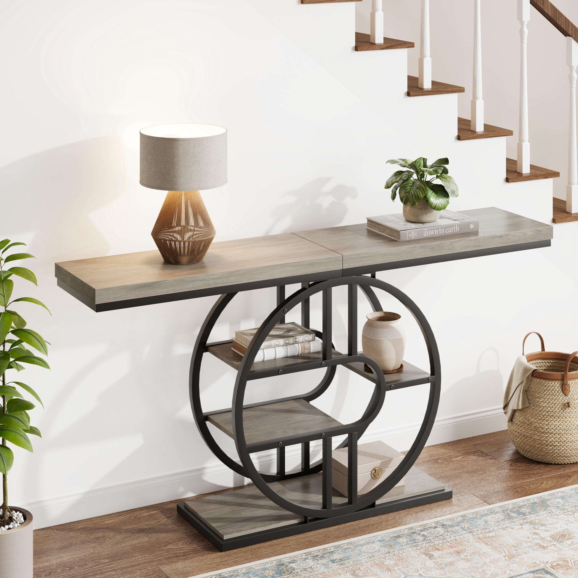Console Table 55 Inch, Sofa Table with 3-Tier Storage Shelves and O-Shaped Metal Frame, Narrow Entryway Table for Dining Room, Hallway & Living Room