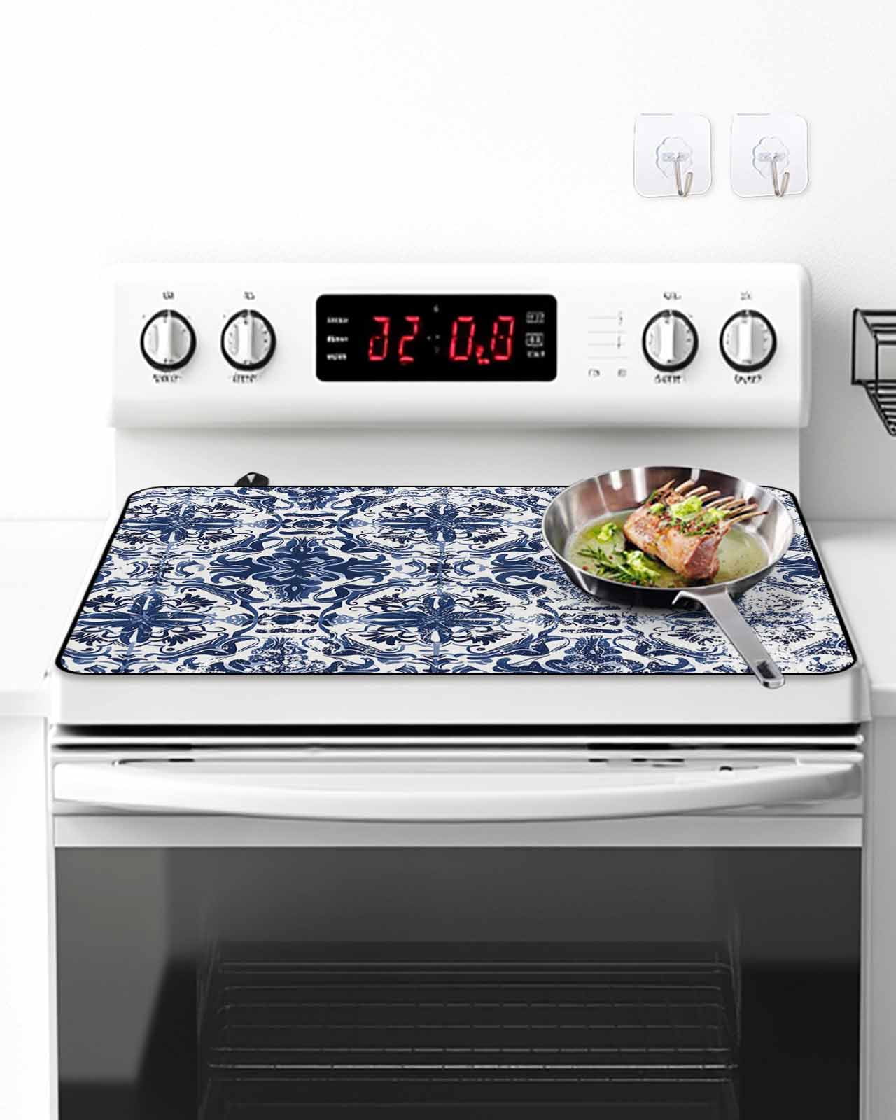 Stove Top Covers for Electric Stove, Navy Blue Boho Glass Stovetop Cover Protector, Ehtnic Abstract Art Modern Geometric Induction Cooktop Protector Oven Mat for Kitchen Countertop 24"x21"