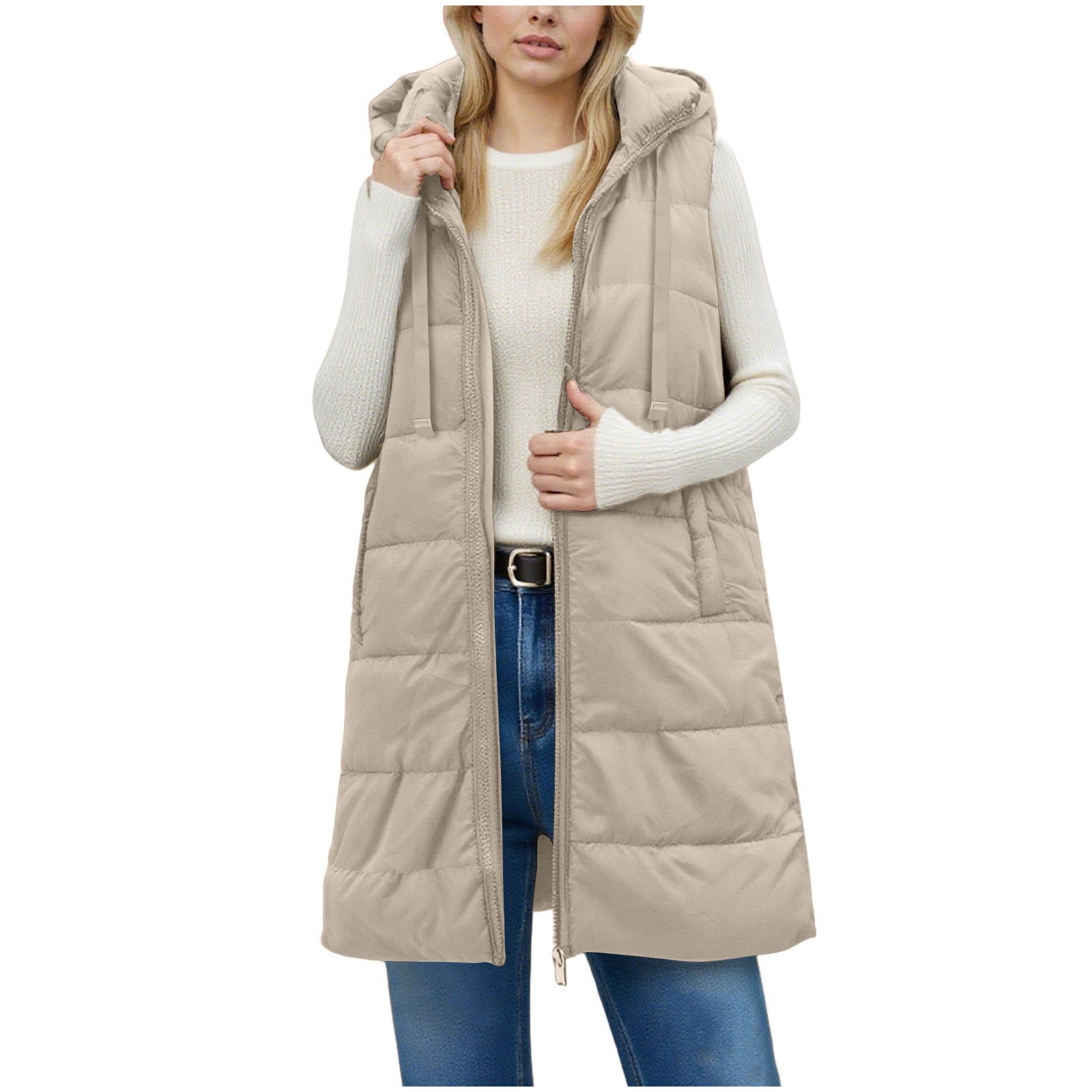 Brnmxoke Plus Size Long Puffer Vest Women Casual Sleeveless Hooded Zip Up Vests with Pockets Lightweight Quilted Outerwear Winter Warm Down Jackets Beige,XL