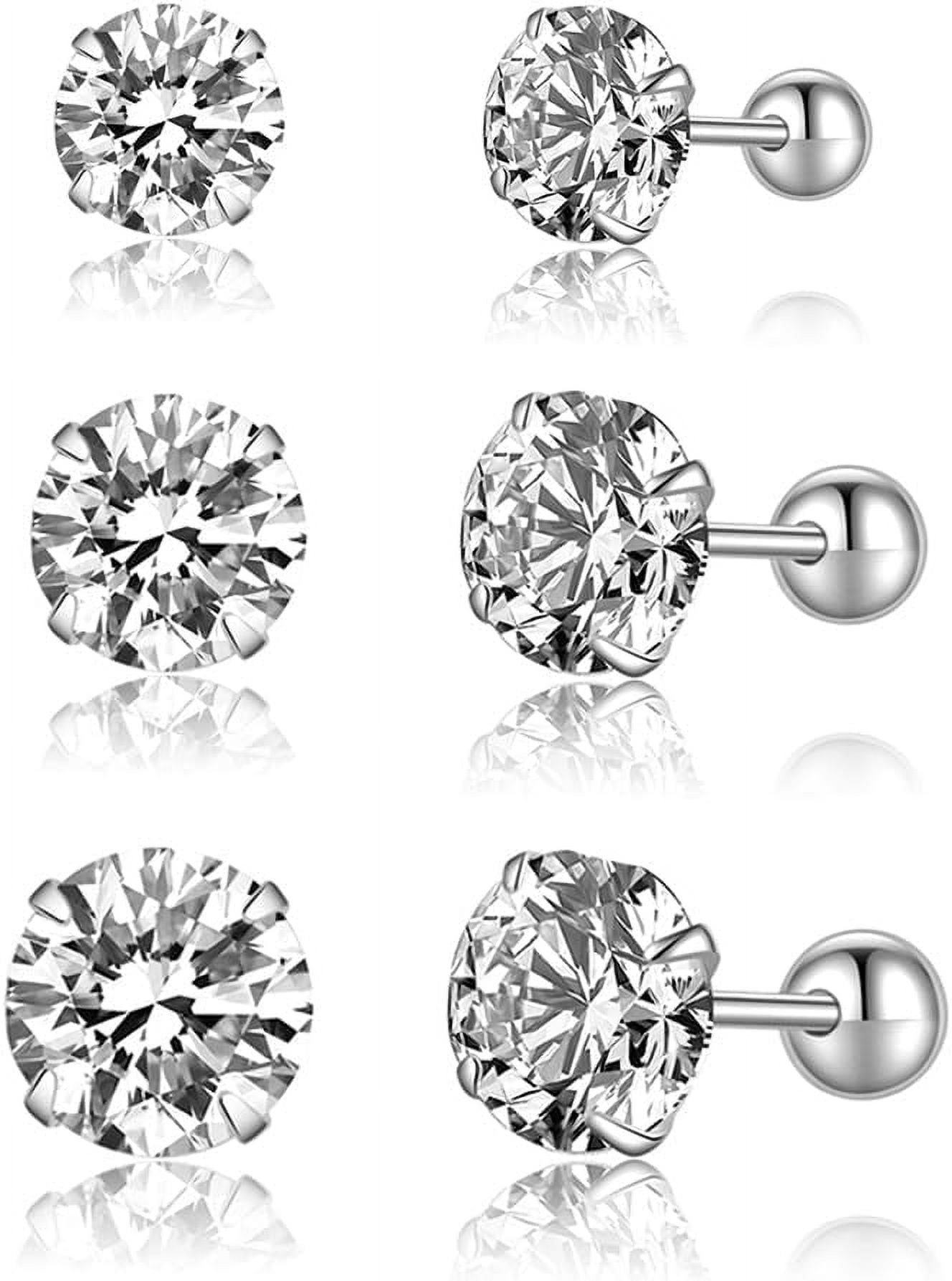 Sterling Silver Round Simulated Diamond Stud Earrings for Women Teens Round CZ Stud Earrings Set Screw Back Small CZ Ear Stud Set 3 Pairs
