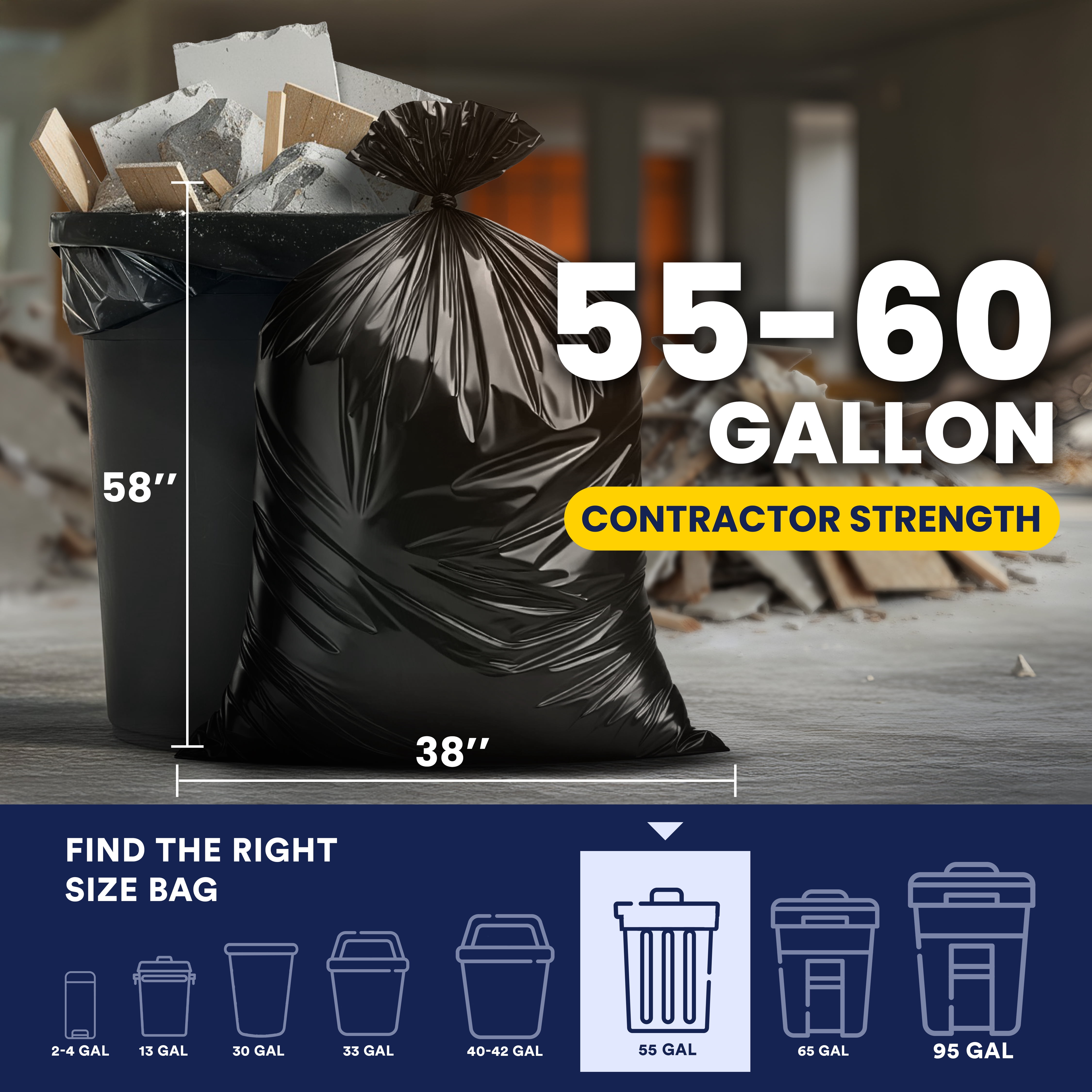 Plasticplace Contractor Garbage Bags: 55 Gallon Trash Bags Heavy Duty, Big Black Trash Bags, 36"x58", 6.0 Mil, Pack of 20