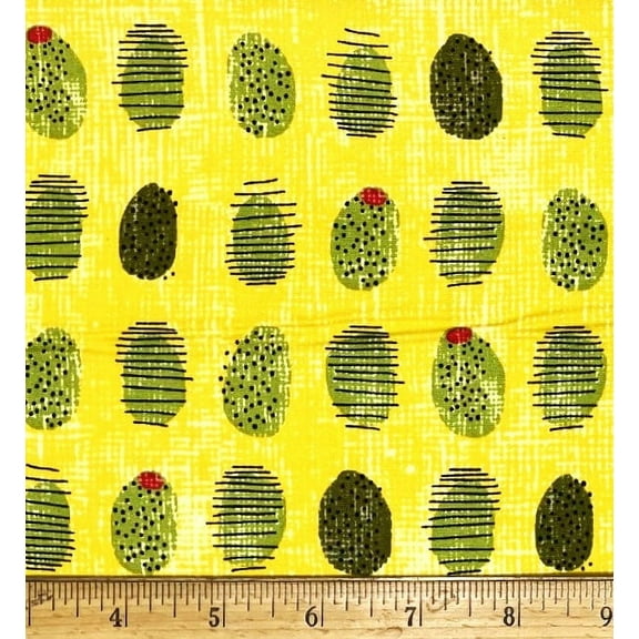 1 Fat Quarter - Green Olives & Red Pimentos on Yellow Cotton Fabric - 21" X 18"