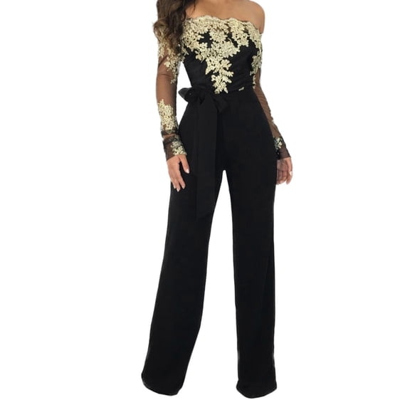 BKQCNKM Wide Leg Pants For Women Women'S Pants Jumpsuit Wide Leg Romper Off Ladies Up Women Casual Lace Lace Shoulder Playsuit Women'S Jumpsuit Work Pants For Women Black L