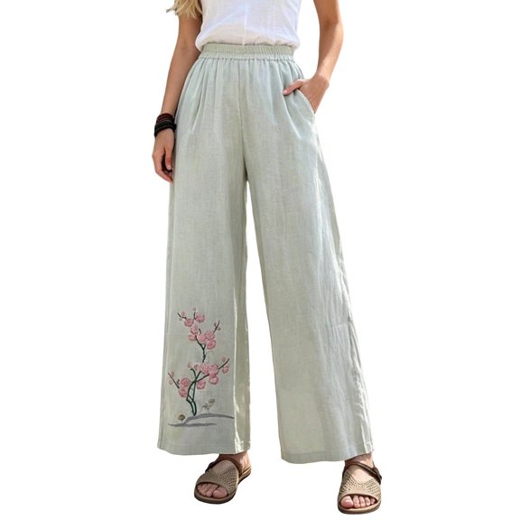 MYAOYINo Boundaries Linen Pants for Women Plum Blossom Embroidery Wide Leg Elastic Waist Casual
