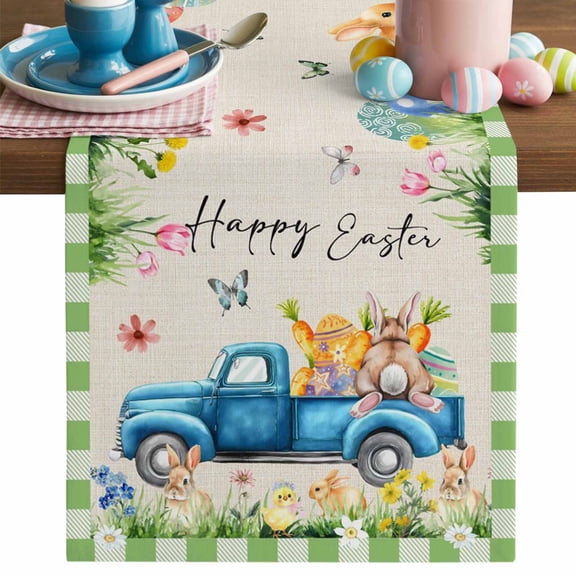 Happy Easter Table Runner, Watercolor Blue Truck Yellow Eggs Bunny Linen Texture Green Plaid Cotton Linen Kitchen Table Decoration Washable Dining Tabletop Runners for Home Party Decor 13x48 Inches