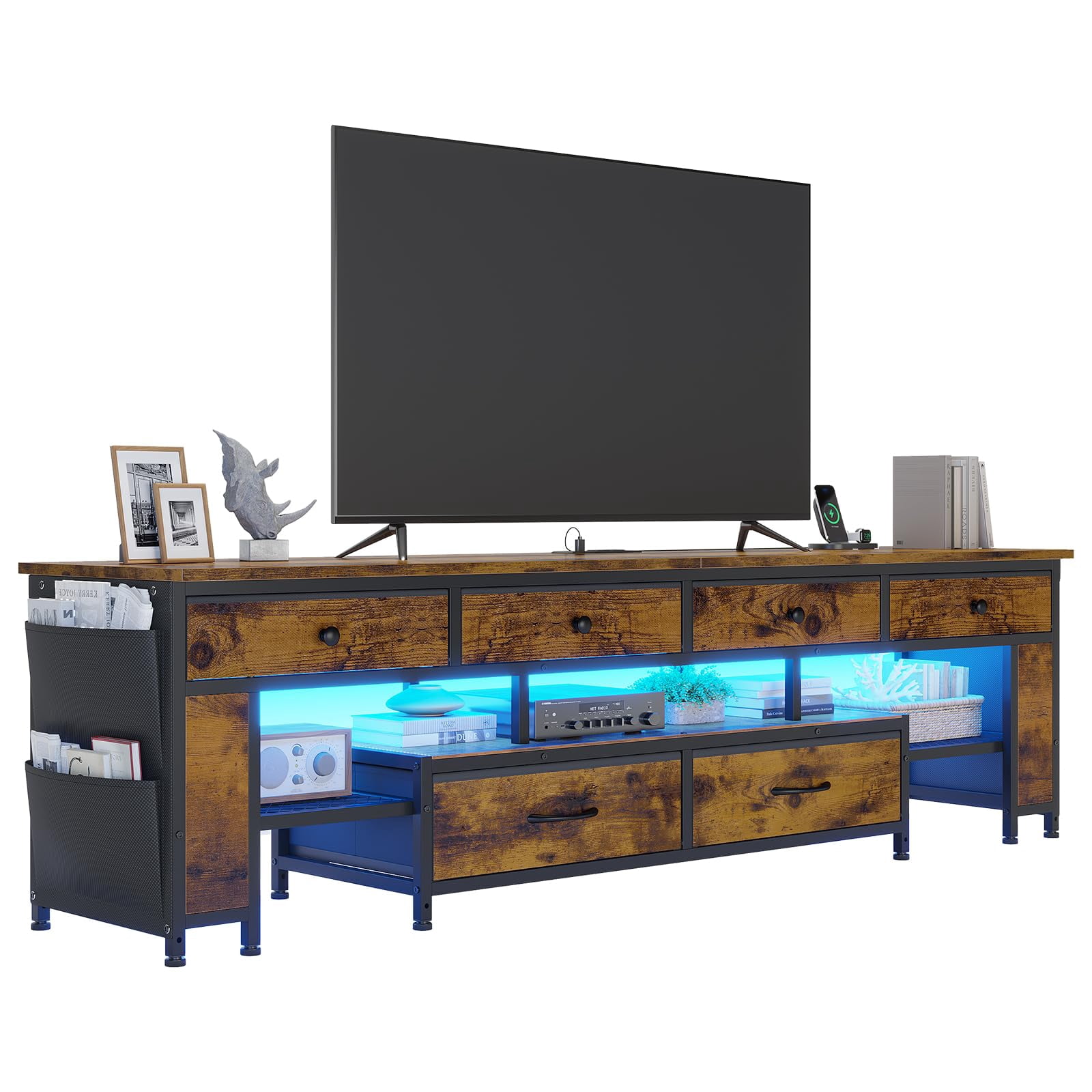 63" TV Stand for 65/70/75 Inch TV,with 6 Drawers & 4 Side Storage Bags & Shelves,, Entertainment Center with Led Light and Power Outlets,Brown