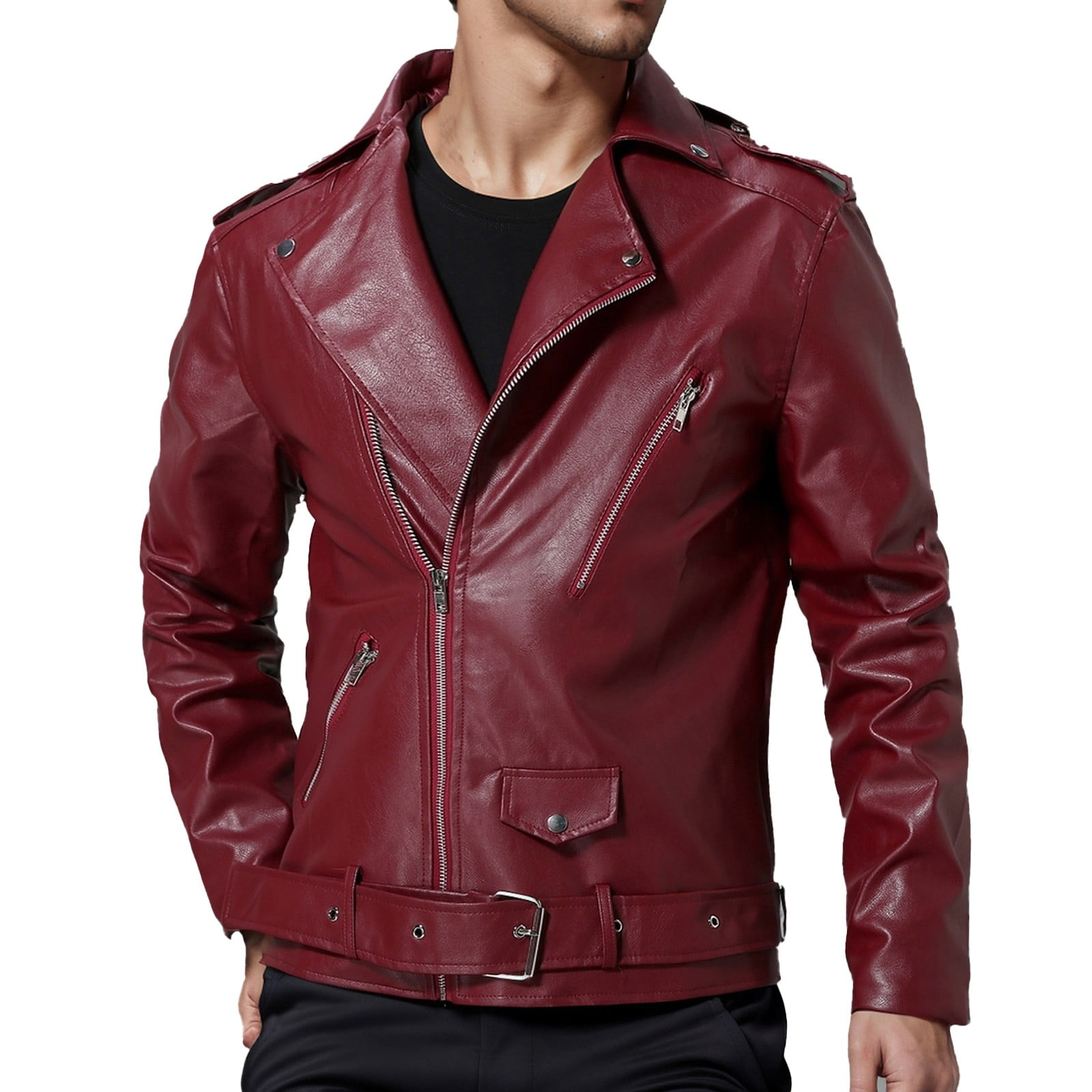 Maoxin Men's Leather Jacket Men's Collar Leather Jacket Casual Loose Men's Top Solid Color Long Sleeved Hooded Leather Jacket/Jackets for men Wine M