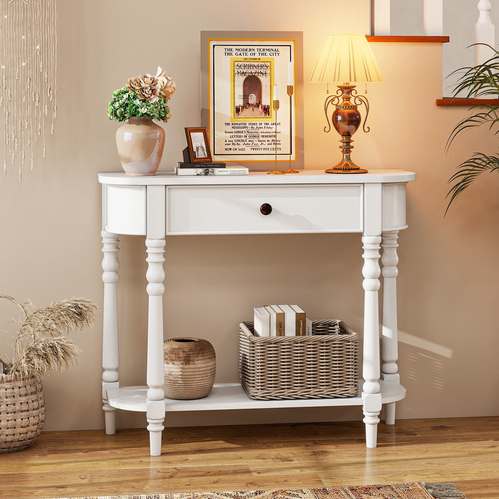 Gymax Retro Console Table 36''L Wooden Entryway Table w/ Storage Drawer & Open Shelf White