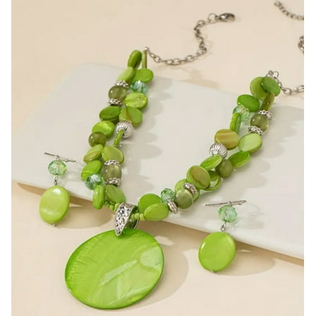 Pierced silver and green shell bead necklace and earring set