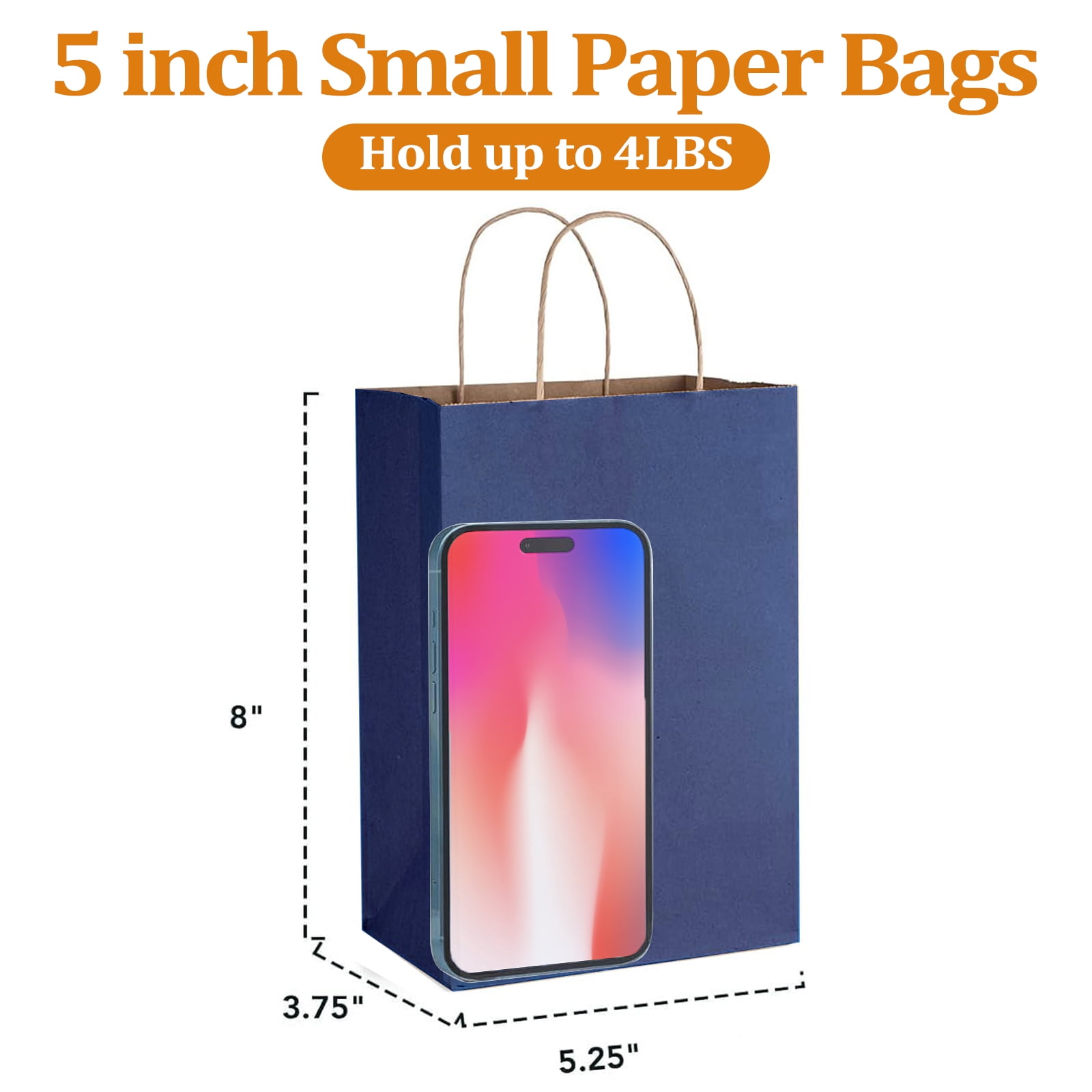 BagDream 50Pcs Navy Blue Paper Gift Bags, 5.25x3x8inch Small Paper Bags with Handles Bulk for Shopping, Birthday, Wedding, Father's Day, Merchandise, and Business Party