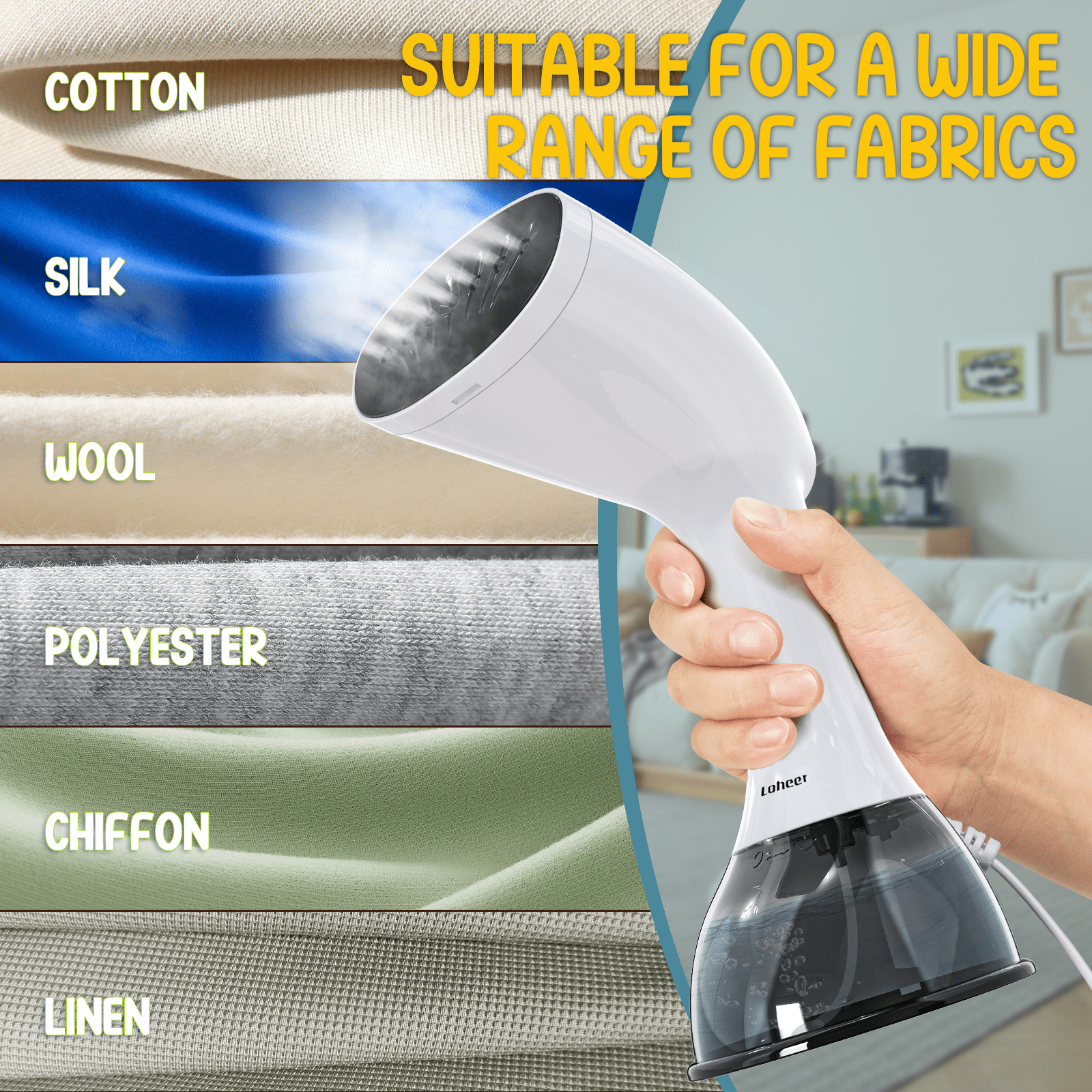 LOHEER Steamer for Clothes, 1350W Portable Handheld Garment Steamer, 400ml Water Tank, White/Black