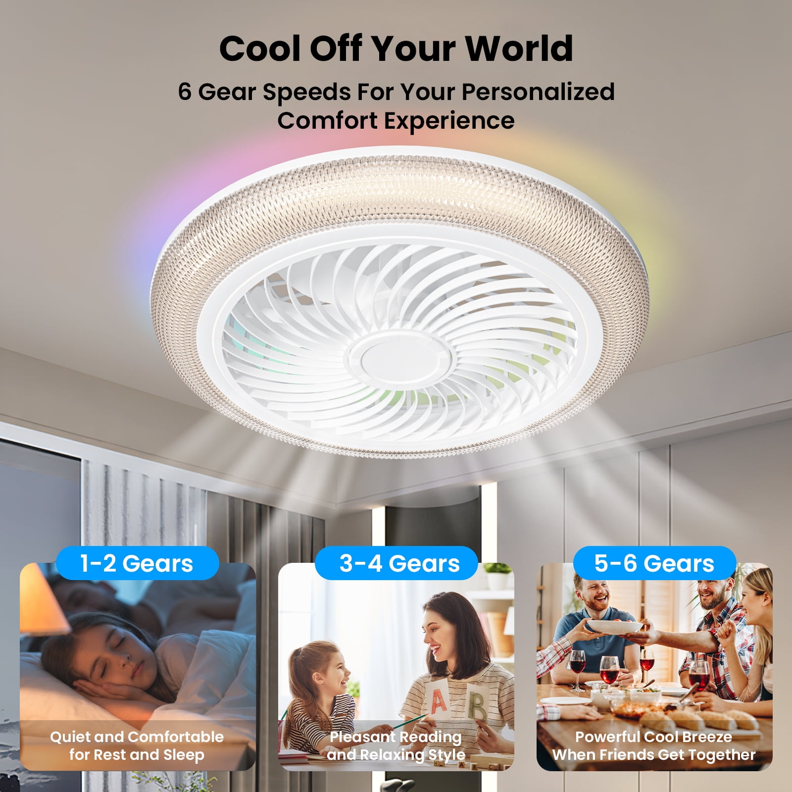 BLITZWILL 18" Ceiling Fan with Lights, With RGB Back Ambient Light,Remote & APP Control,Dimmable Color Temperature and 6 Wind Speeds & Timing,Bladeless Enclosed Ceiling Fans