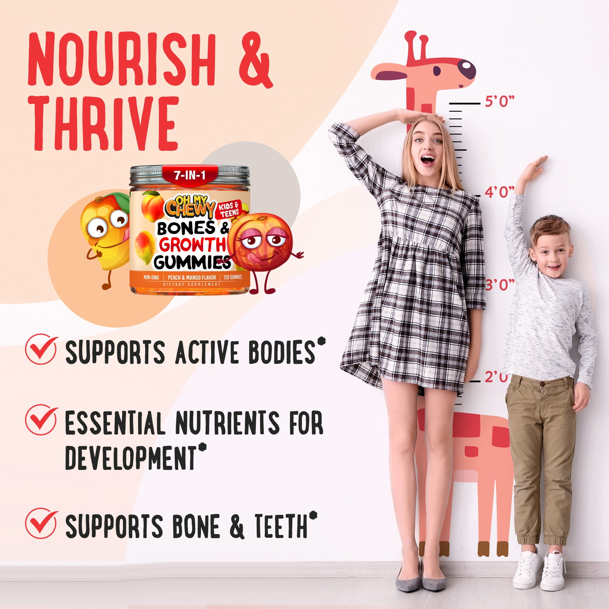 OH MY CHEWY Height Growth Vitamin Gummies for Kids & Teens - Growing Up and Bones Support for Supplement with Calcium, Zinc, Vitamin D3, K2, Spirulina and Astragalus – Peach & Mango 60 CT