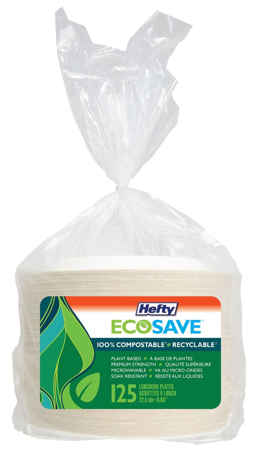 Hefty EcoSave® Assiettes à Lunch en Carton Assiette jetable compostable 8,86 po, 125 unités