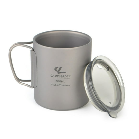 CAMPLEADER Compact 300ml Titanium Mug with Lid, Double-Walled for Heat Insulation, Foldable Handles, Ideal for Outdoor Adventures