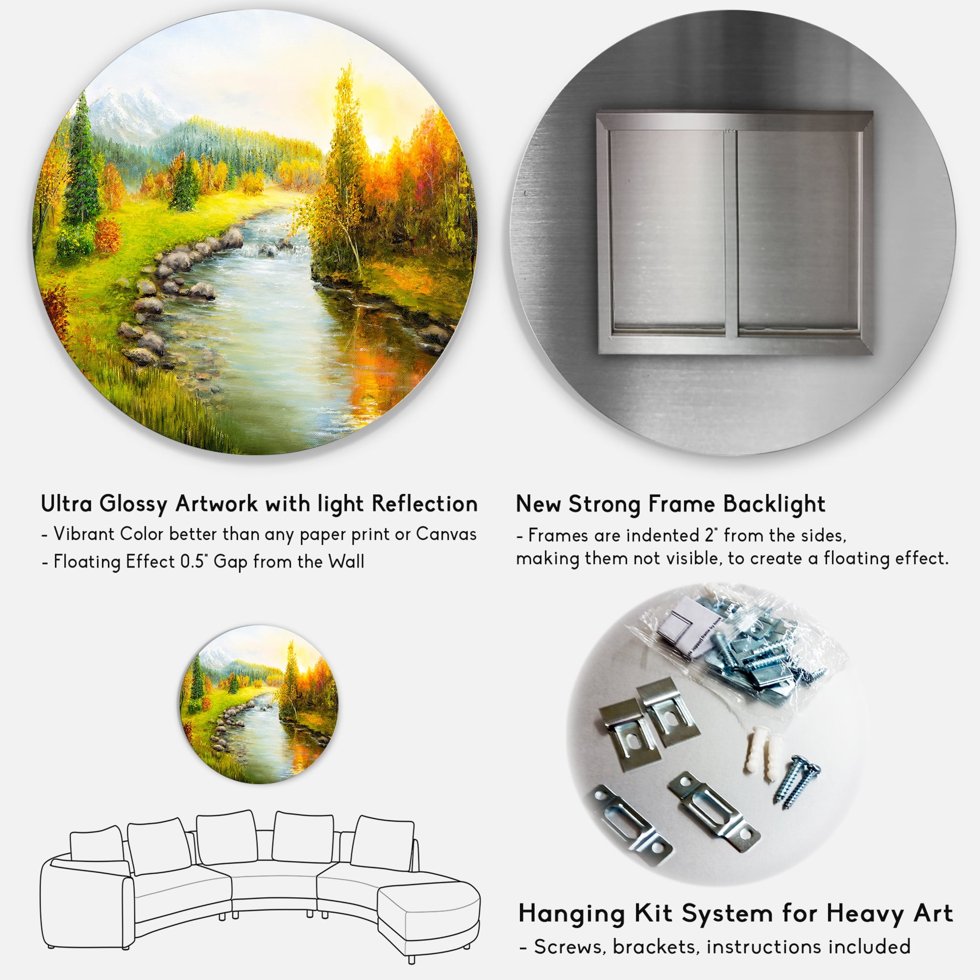 Designart 'Autumn Landscape With Forest River and Mountains' Lake House Circle Metal Wall Art 29x29 - Disc of 29