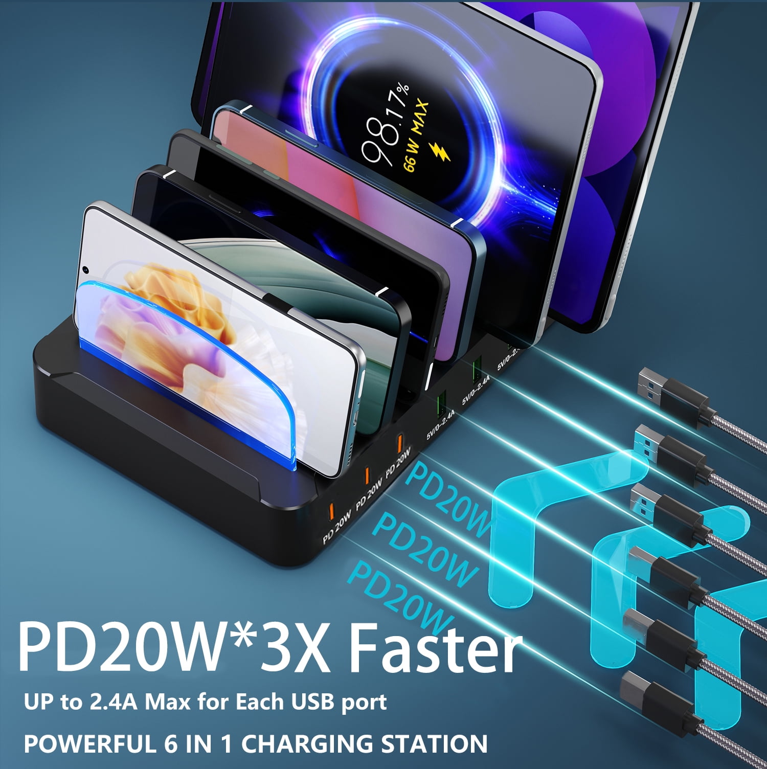 USB C Multi Dock 6 Ports PD 96W Smart Fast Charging Dock Station 3X PD 20W USB C Charging Port, Compatible with Phones, lPads, Watches, Tablets, and Multiple Devices (6 cables included)