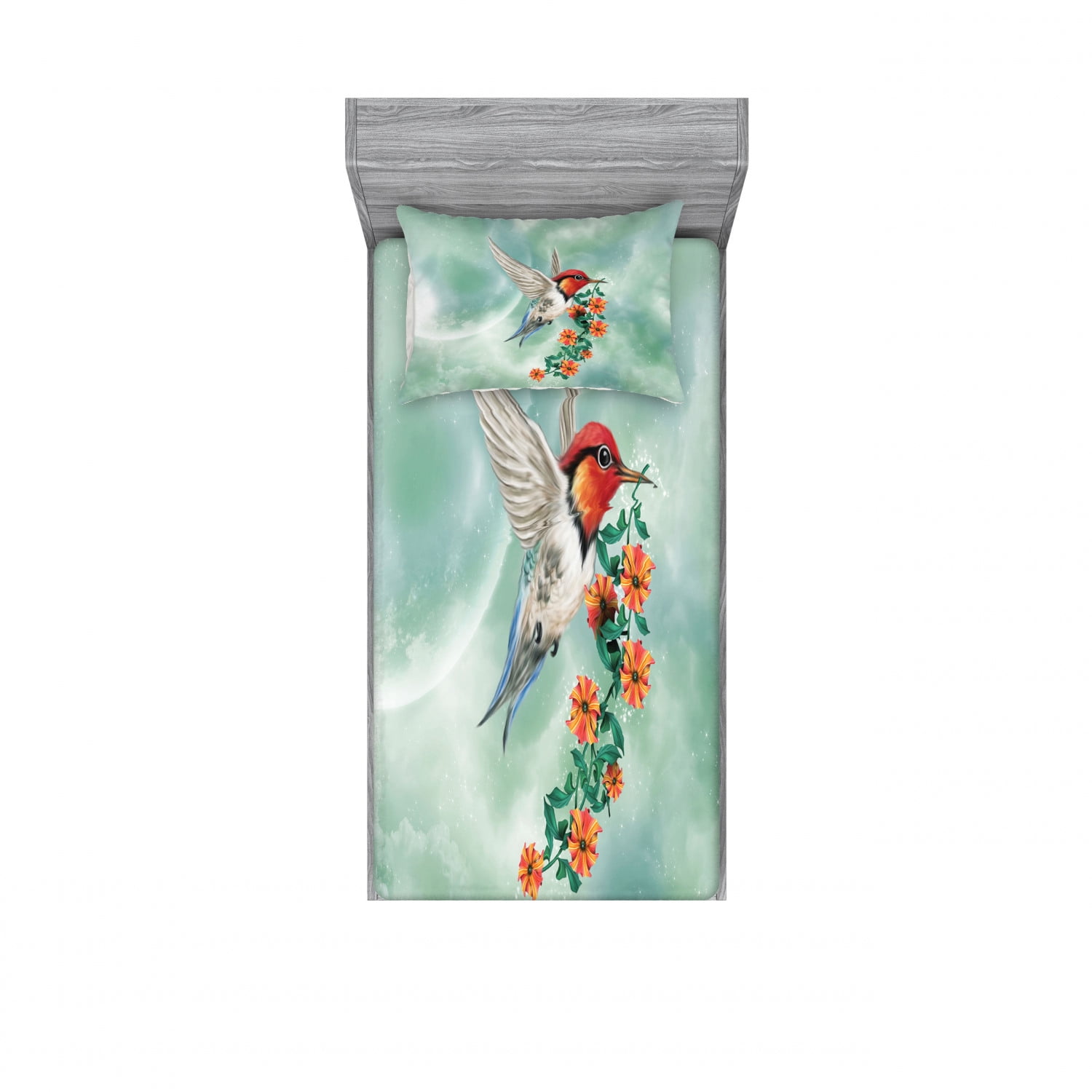 Hummingbird Bedding Set with Sheet & Covers, Bird Is Flying Flowered