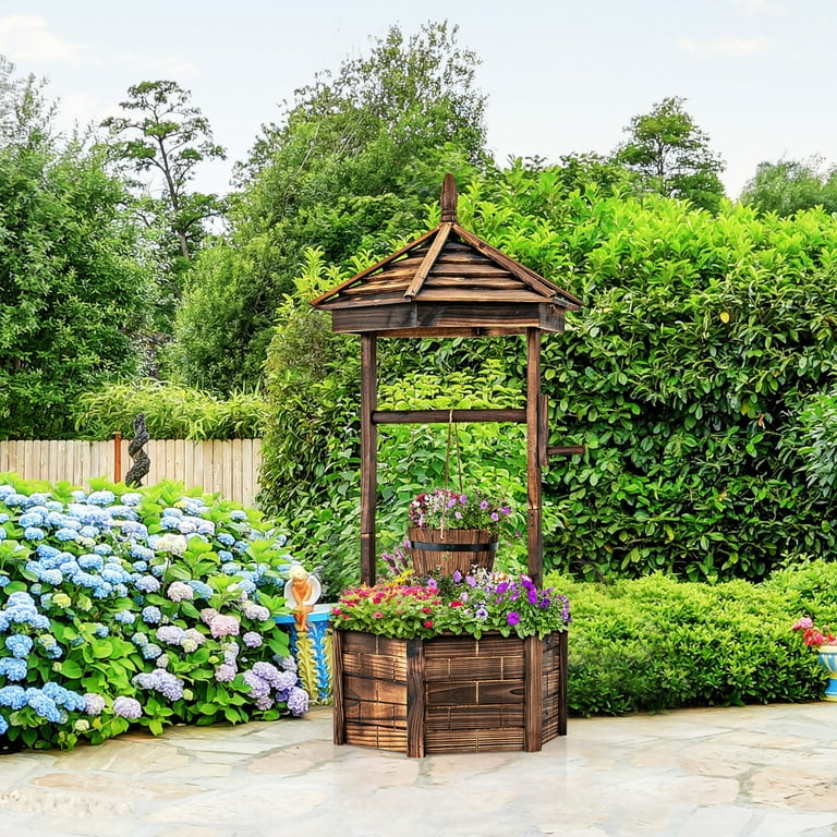 Costway Outdoor Wooden Wishing Well Bucket Planter, Brown Costway Outdoor Wooden Wishing Well Bucket Planter, Brown