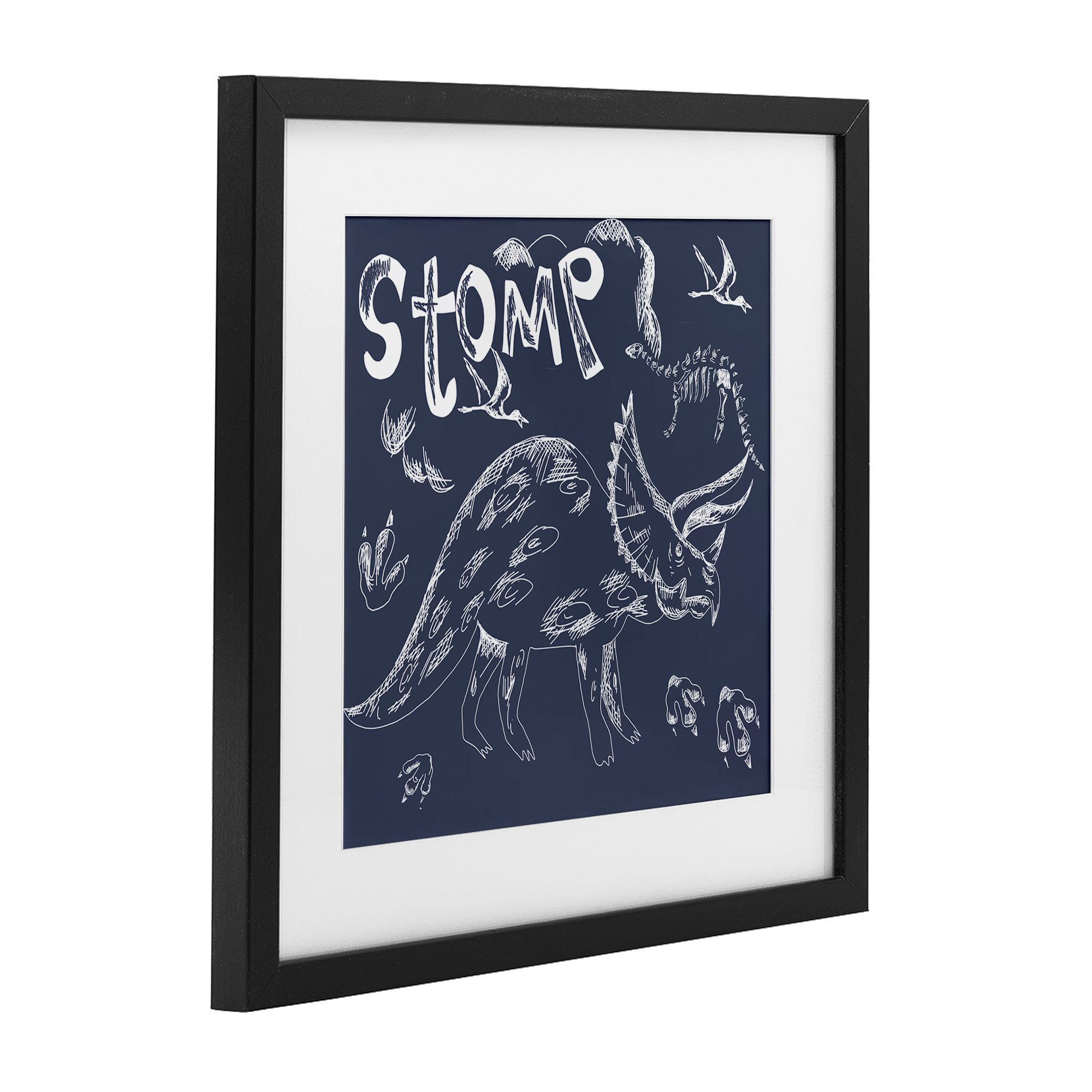 Sketchy Stomp Dinosaur Black Framed Print Under Glass, design by HUE and MI and Sangita