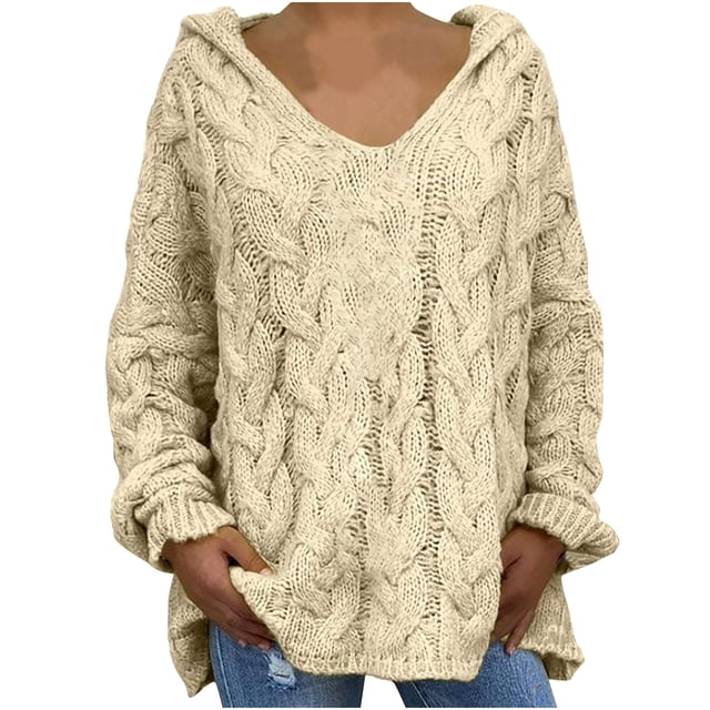 Rbaofujie Sweaters for Women Fashion Loose Large Size Color Hood Long Sleeves Sweater Tops Beige Ladies Sweaters