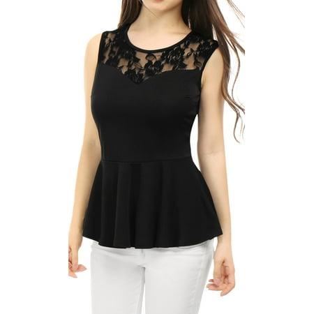 Ruffle Neck Wrap - Women's Round Neck Lace-Paneled Hem Ruffle Sleeveless Peplum Top Blouse Shirt Black M (US 10)