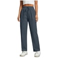thumbnail image 5 of Women's Loose Linen Cotton Pants Casual Summer, Mid Elastic Waist Drawstring Pocket Ventilated Solid, Straight Wide Leg Trousers with Multi Pockets, Business Casual Lounge Wear, 5 of 9