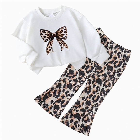 Kids Toddler Girl Fall Clothes Graphic Print Sweatshirt Pullover Leopard Flared Pants 2Pcs Winter Outfits 12-18 Months