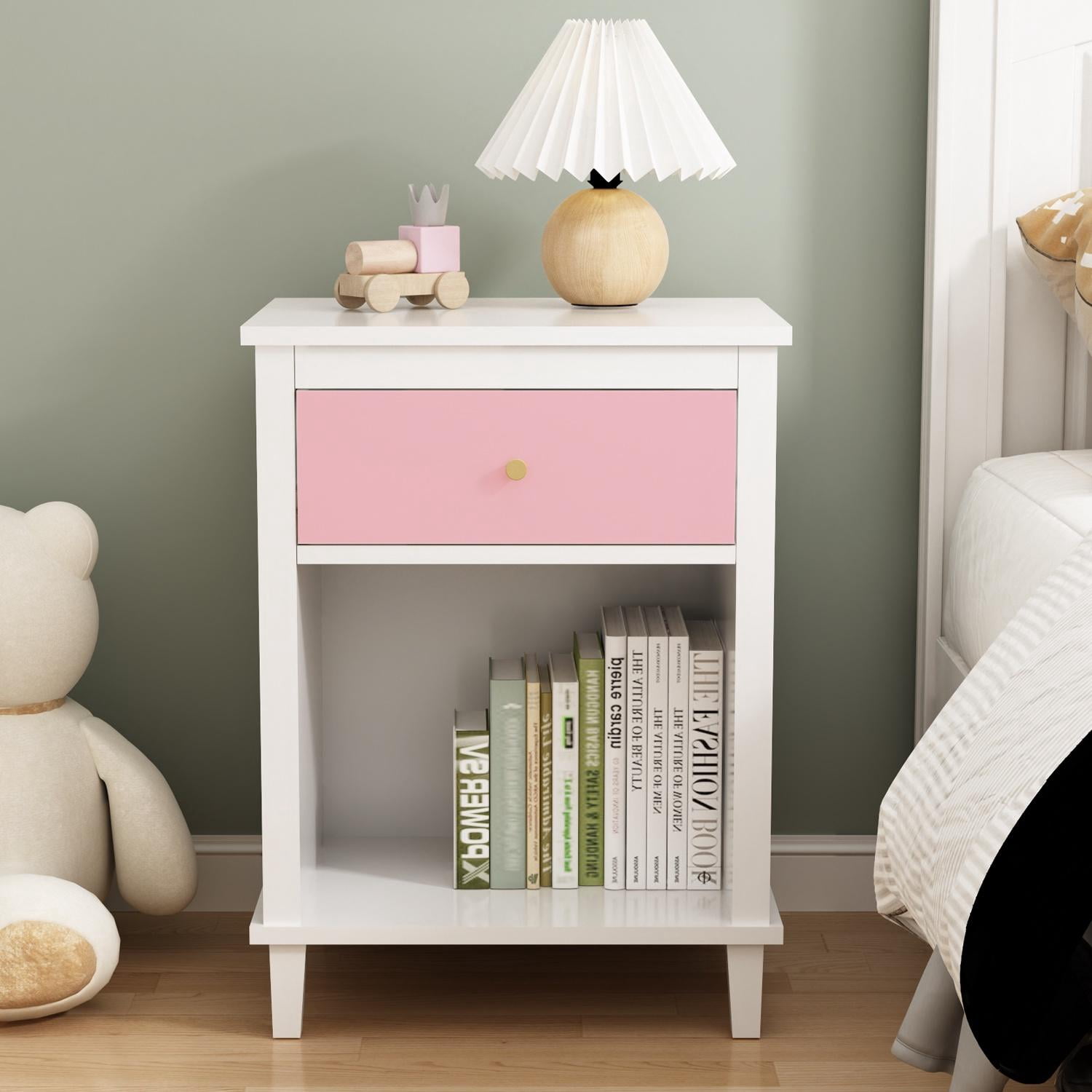 Gewnee Kid's Wooden Nightstand with Drawer and Open Cabinet for Kid's Bedroom,Pink