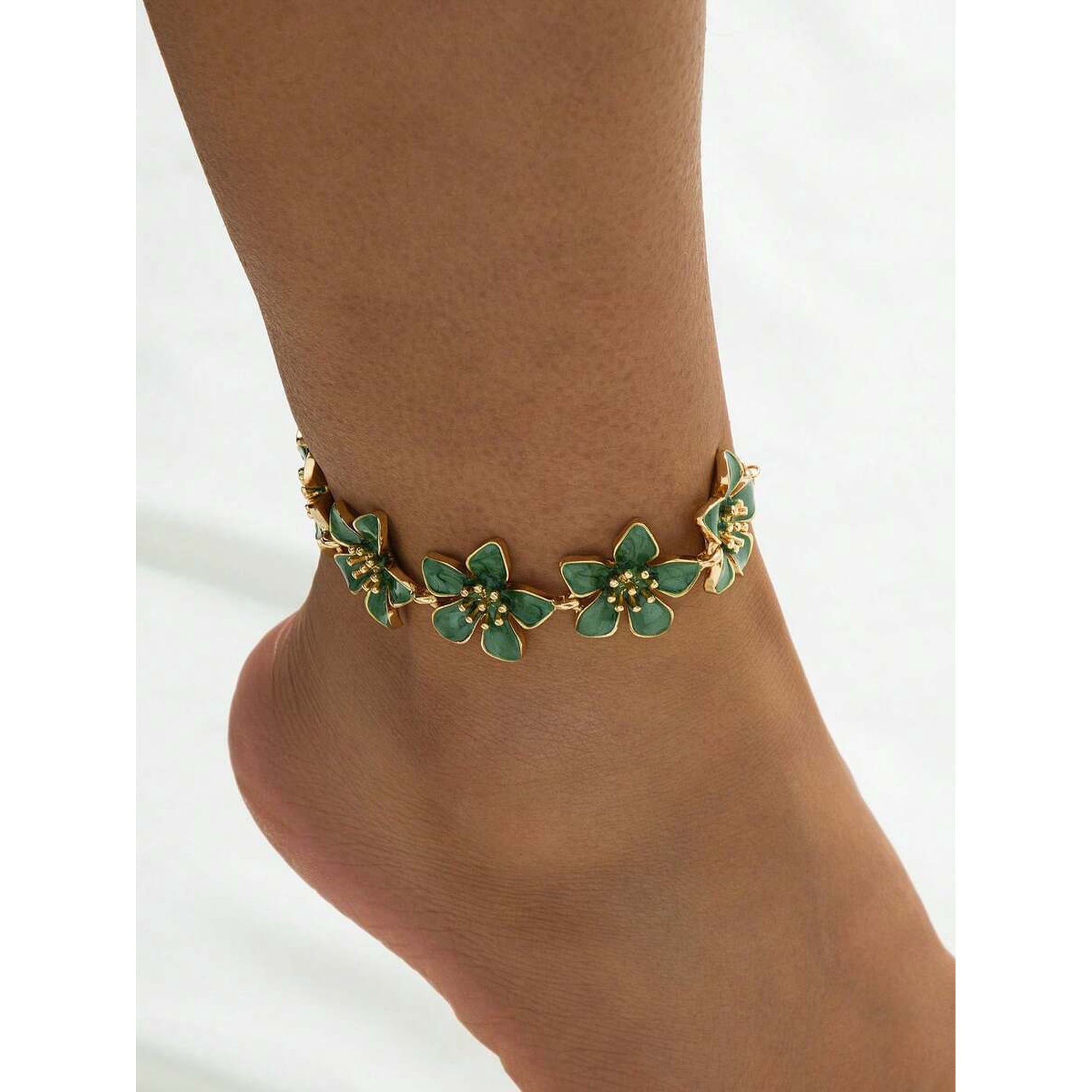Green Floral Charm Anklet With Goldtone Metal And Enamel Petals