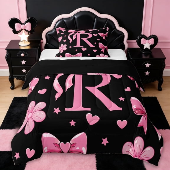 Erosebridal Pink Bows Girls Twin Comforter Sets,Letter R Monogrammed Bedding Set For Girls Kids,Reversible black,2 Pieces