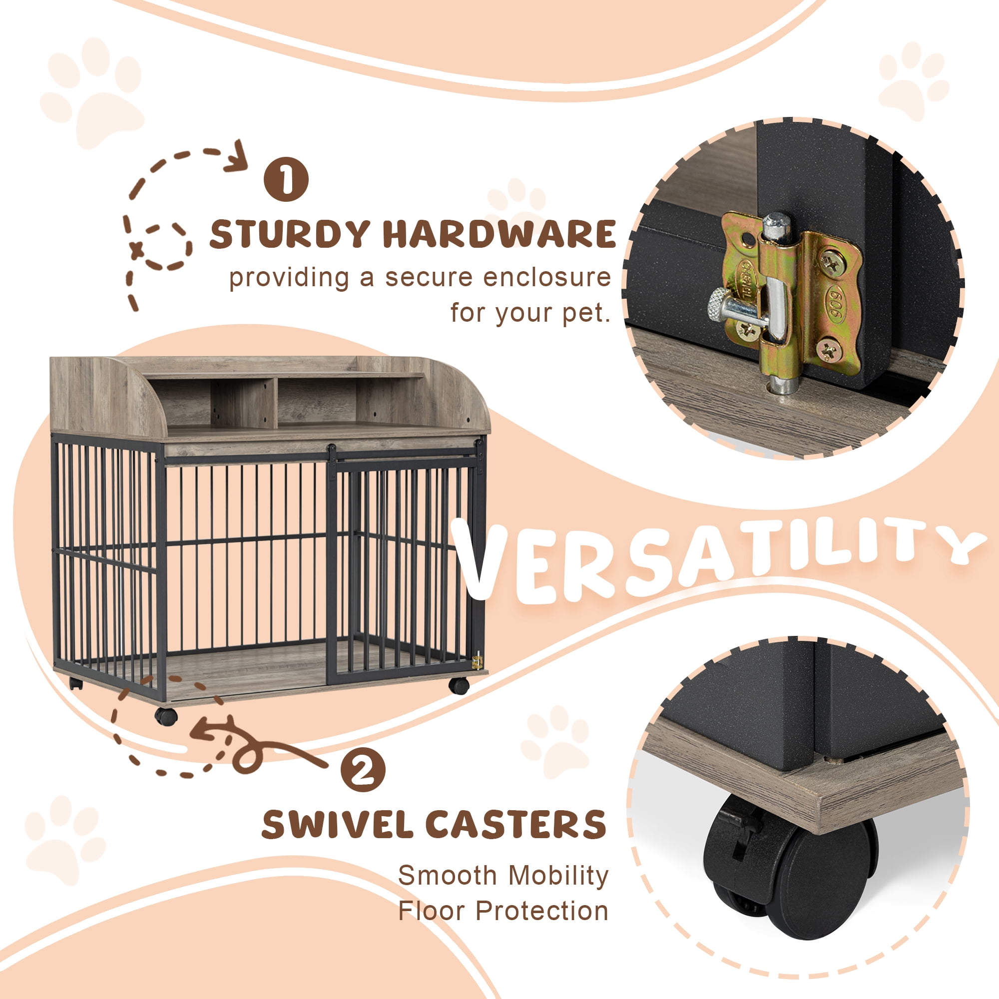 44'' Heavy Duty Large Dog Crate for Large Medium Dog with Lockable Wheels, Wooden Dog Crate Dog Kennel, End Table Crate with Double Layer Storage