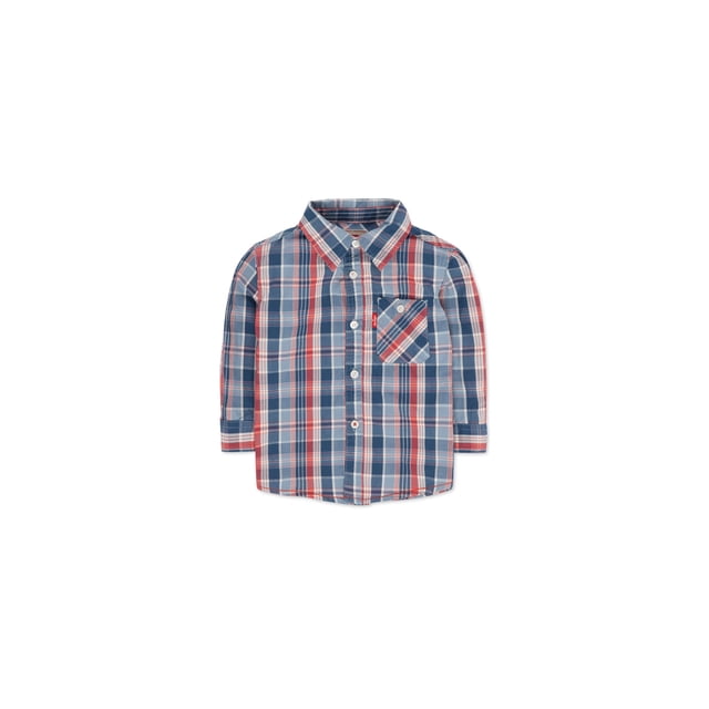 Levi's Boys Plaid LS Button Up Shirt, Azul, 12 meses