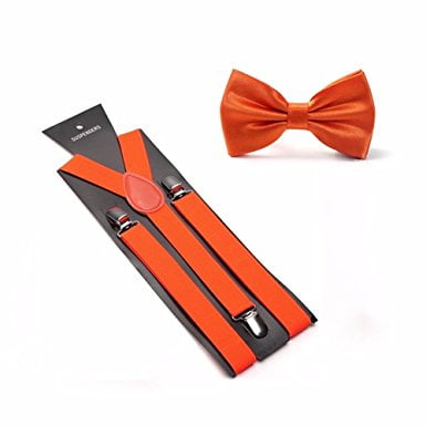 Men's Solid Color Pre-tied Adjustable Bowtie Y-Back Clip Suspenders Set for Wedding (Orange)
